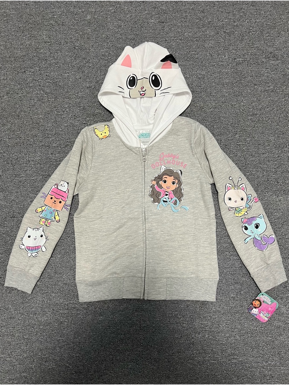 Gabby Dollhouse Gray Zip Hoodie with Kitty Hood and Colorful Character Prints